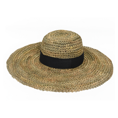 Handmade Straw Hat Wide Brimmed with Black Ribbon 