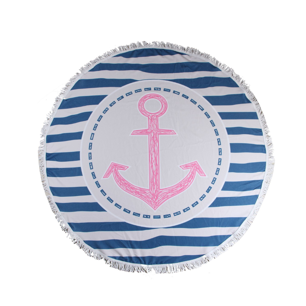 Round Beach Towel - Navy blue with large pink anchor - Fringed trim