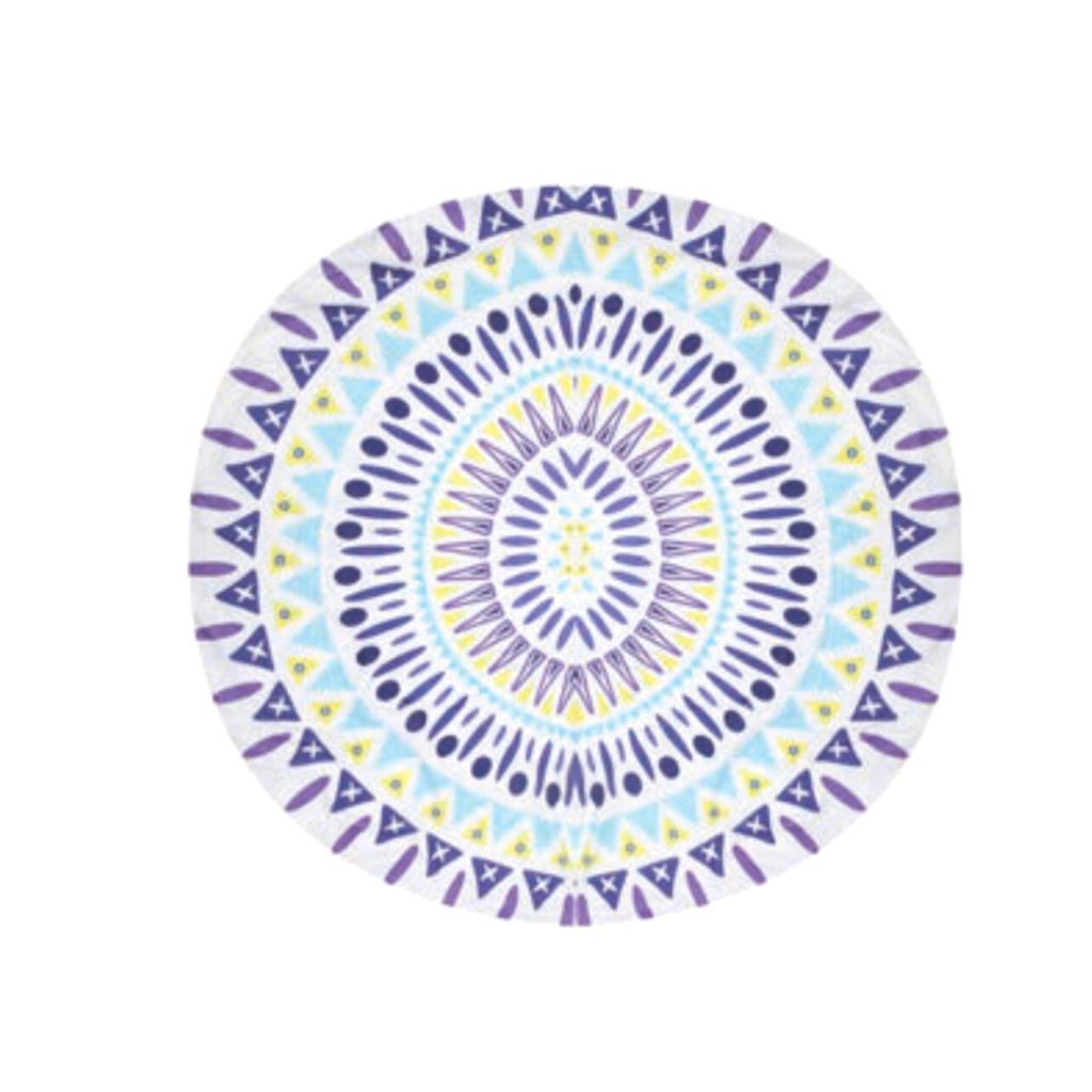 Round Beach Towel - Colorful - Purple, Yellow & Turquoise - Fringed trim