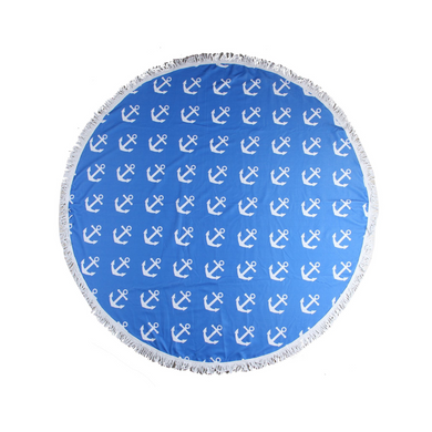 Round Beach Towel - Blue with small white anchors - Fringed trim