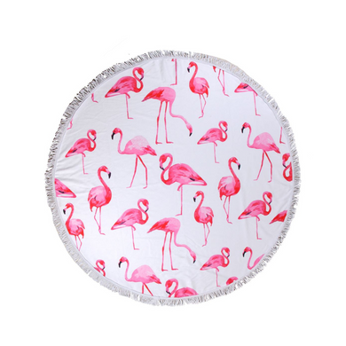 Round Beach Towel - Pink Flamingo - Fringed trim