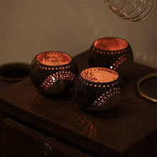 Load image into Gallery viewer, Tea Light Holder Set | Unique Coconut Shell Geometric Tea Lights
