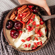 Load image into Gallery viewer, Coconut Bowls &amp; Spoons Set | Natural Wooden Bowls | Cosmos Pattern
