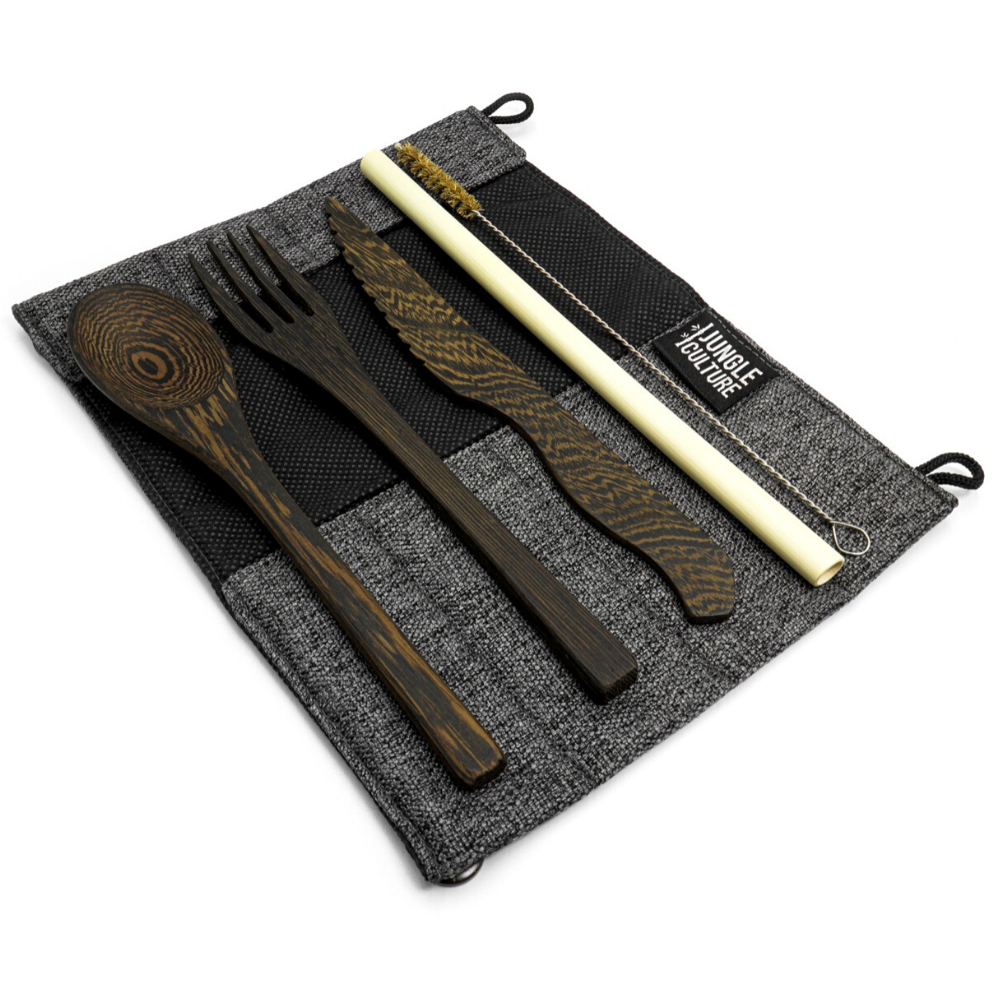 Reusable Eco-friendly Cutlery Set | Dark Wood Travel Utensils | Dark Grey