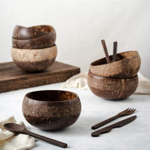 Load image into Gallery viewer, Coconut Bowls &amp; Spoons Set | Natural Wooden Bowls | Cosmos Pattern
